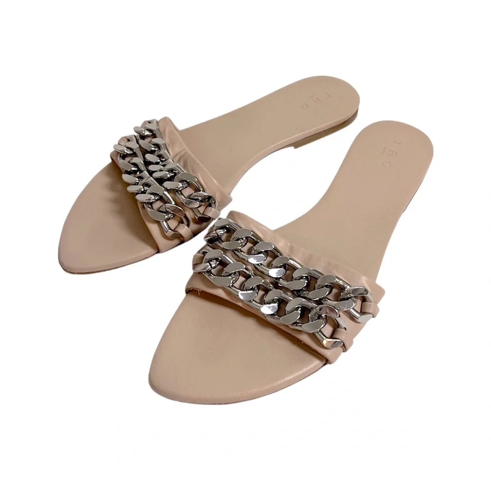 IRO Paris Genuine Leather Tan Beige Silver Chunky Chain Flat Mules Sandals 39 9